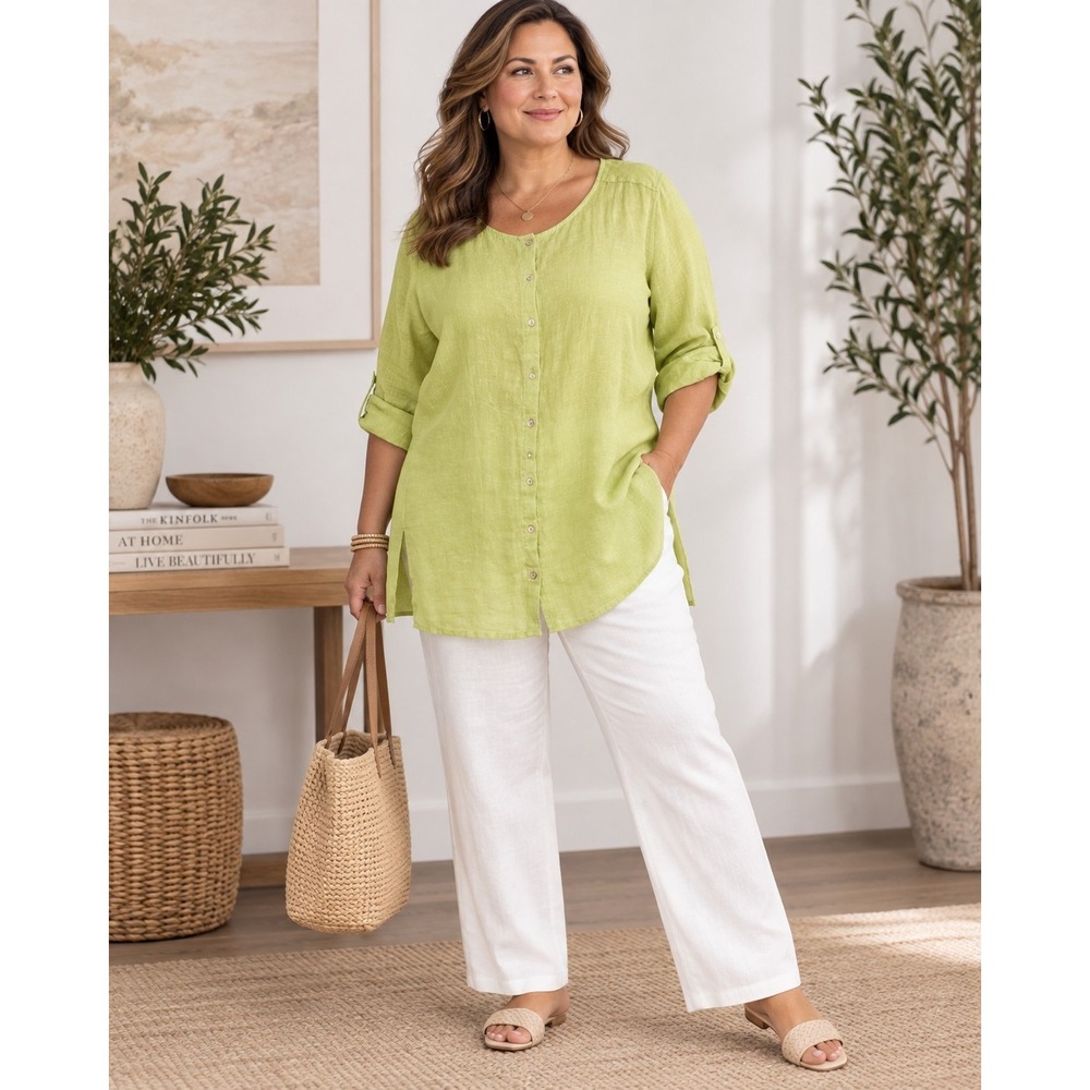 Tahari 100% Linen Tunic Shirt 1X Lime Green Roll Tab Sleeve Lagenlook Coastal